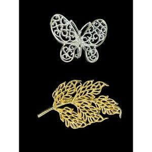 Set of 2 Vintage Silvertone Butterfly & Goldstone Leaf Brooches Gerrys‎ Gerry's